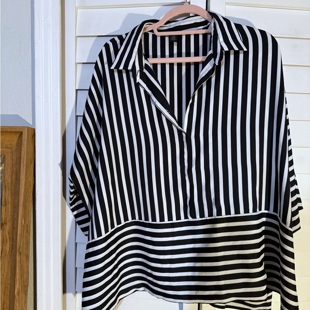 Black Label by Chico’s Black & White Striped Blouse